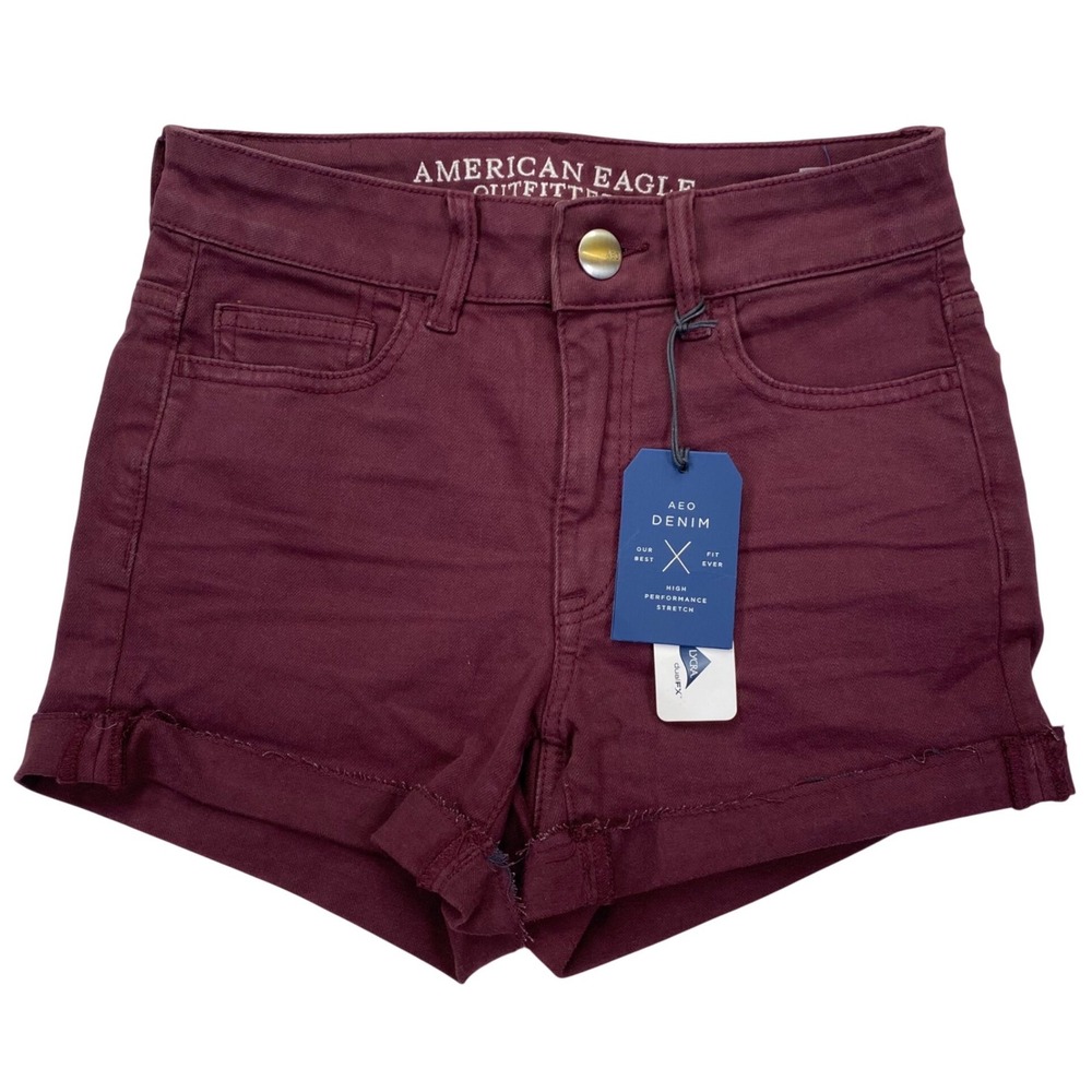 American Eagle Denim Shorts Womens 00 Burgundy Super Stretch Raw Hem Maroon New